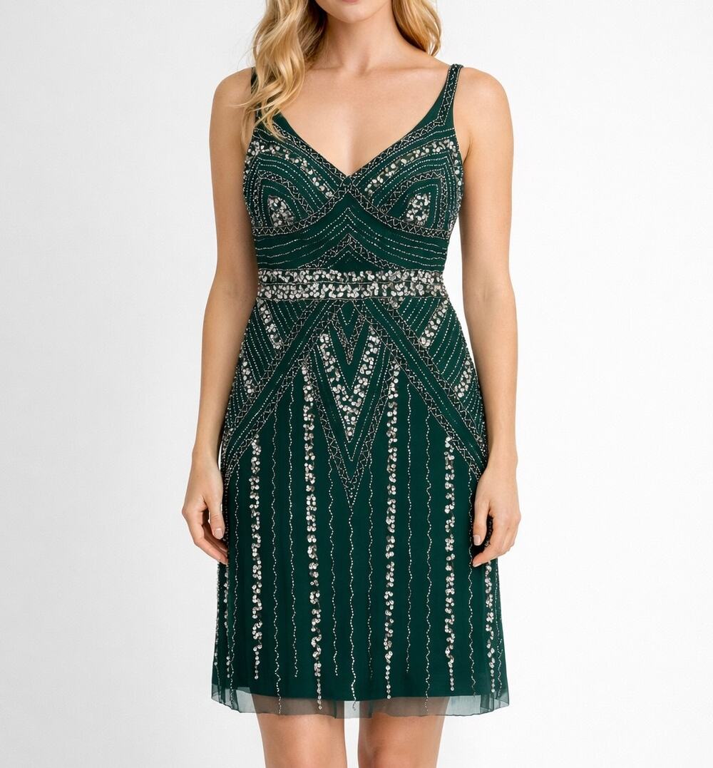 MARINA Beaded Sequin Gatsby Dress V-Neck Sleeveless Sparkle Formal Party NWT